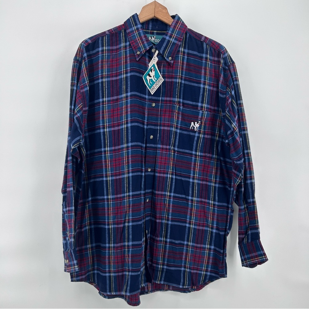 Big Dogs Flannel Shirt Mens M‎ Blue Plaid Dog Embroidered Logo Casual Preppy NWT